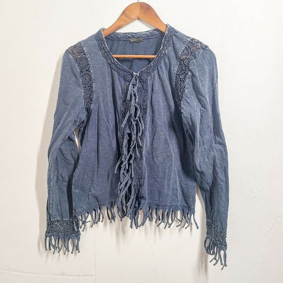 Rebecca Elliot Women's Blue Cardigan Open Front Top Blouse Fringe Trim Small - Picture 1 of 7